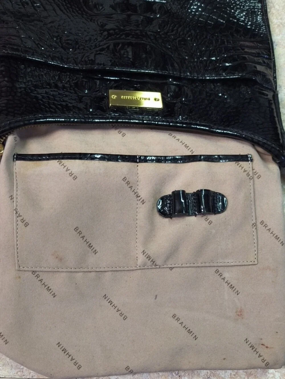 Brahmin Black Croc-Embossed Crossbody with Gold Hardware GUC.